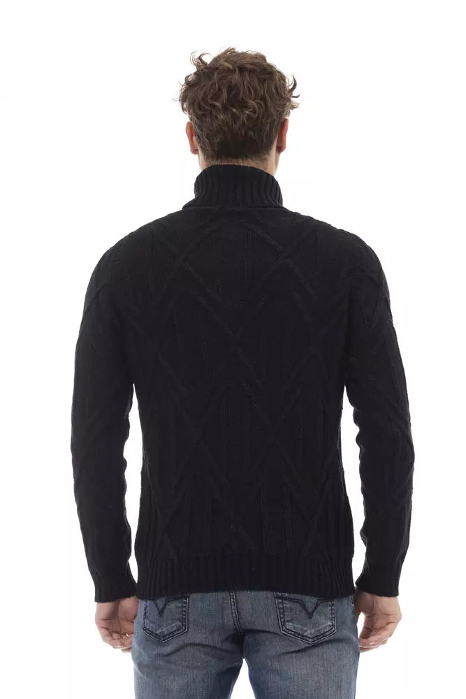 Alpha Studio Black Merino Wool Men Sweater