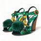 Dolce & Gabbana Green Crystal Mink Fur T-Strap Sandals