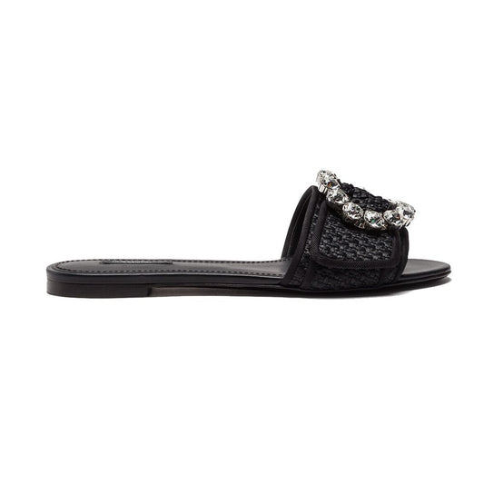 Dolce & Gabbana Elegant Woven Raffia Slippers with Jewel Buckle