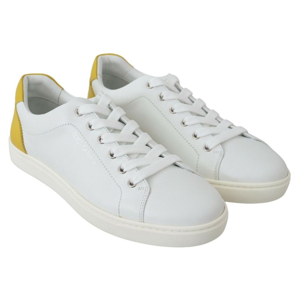 Dolce & Gabbana Elegant White Calfskin Sneakers with Yellow Accent