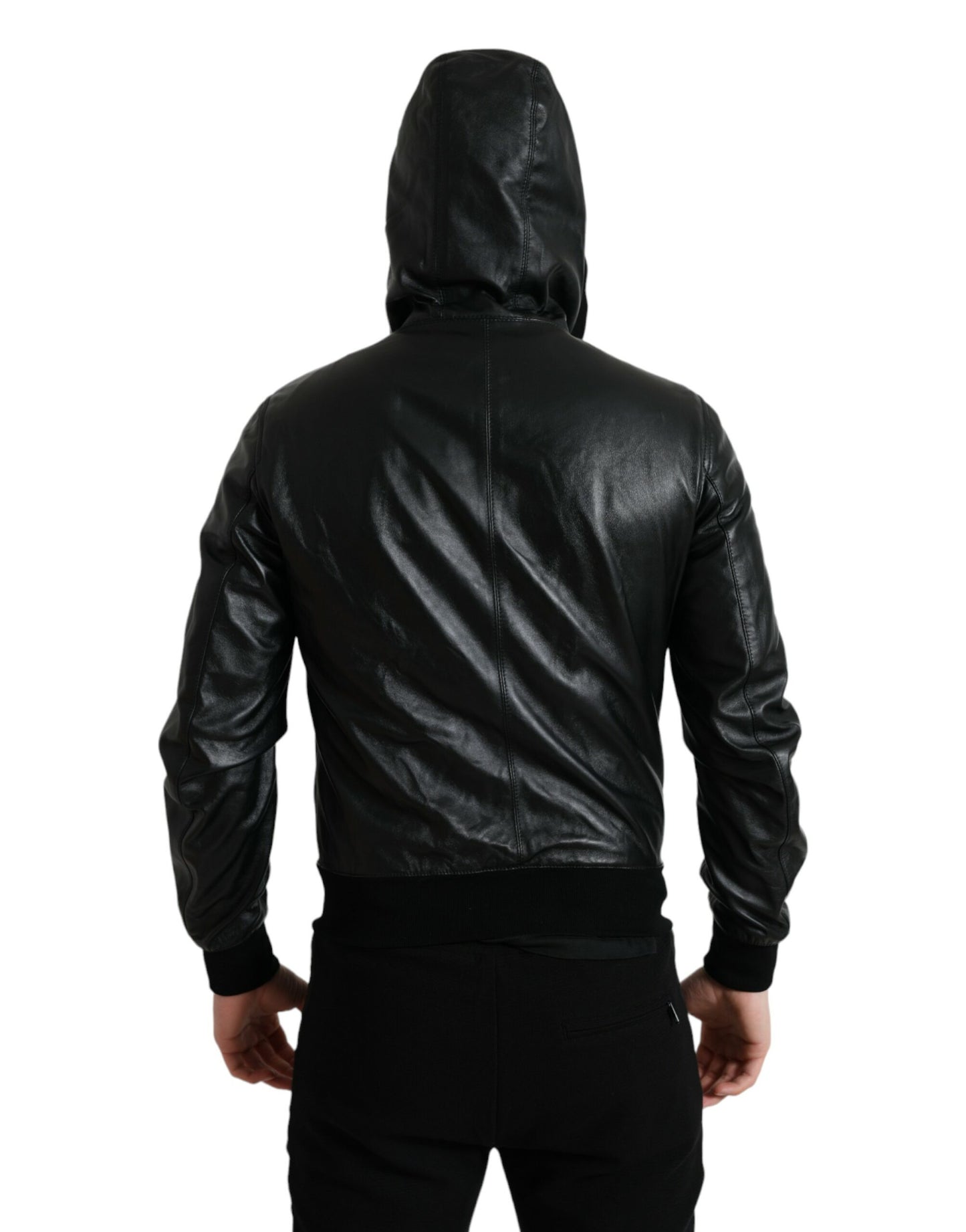 Dolce & Gabbana Elegant Black Leather Hooded Zip Jacket