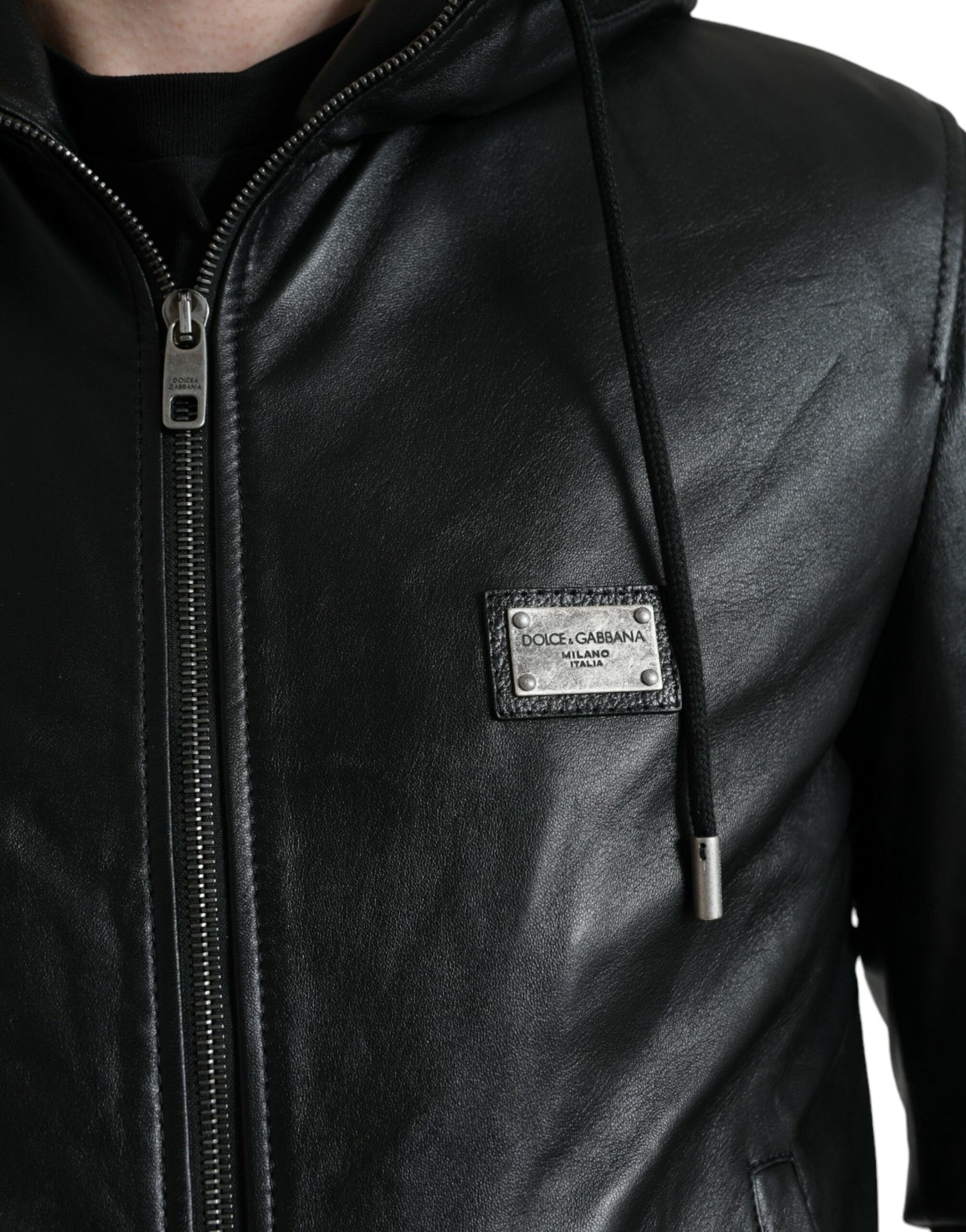 Dolce & Gabbana Elegant Black Leather Hooded Zip Jacket