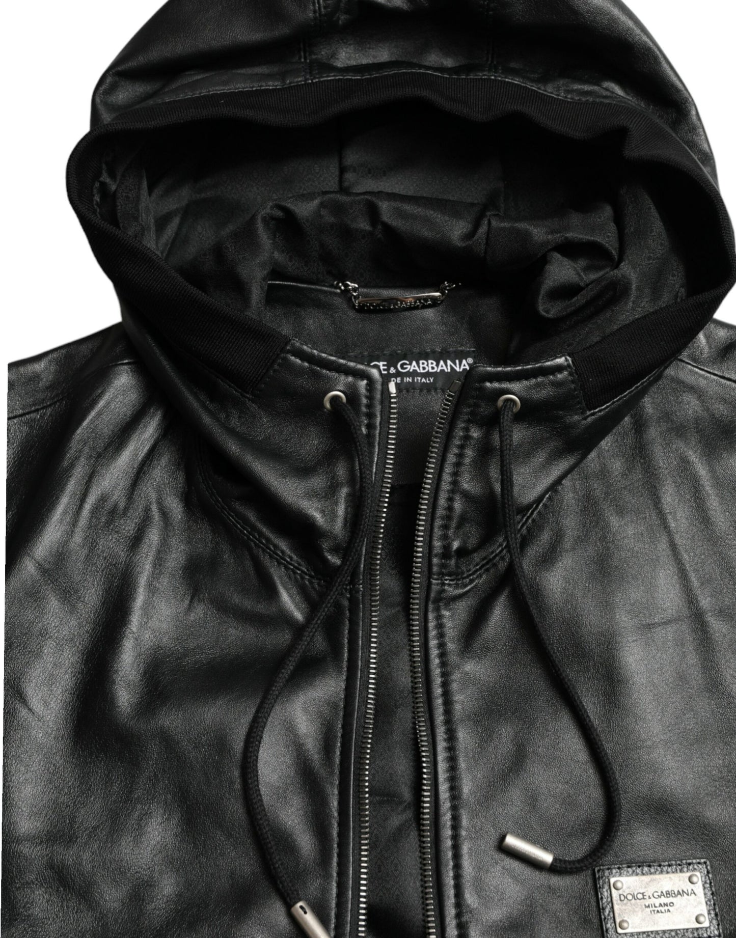 Dolce & Gabbana Elegant Black Leather Hooded Zip Jacket