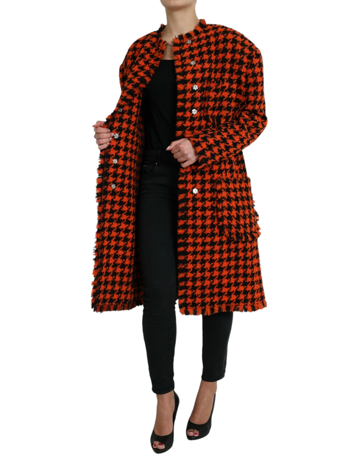 Dolce & Gabbana Elegant Houndstooth Long Coat in Vibrant Orange