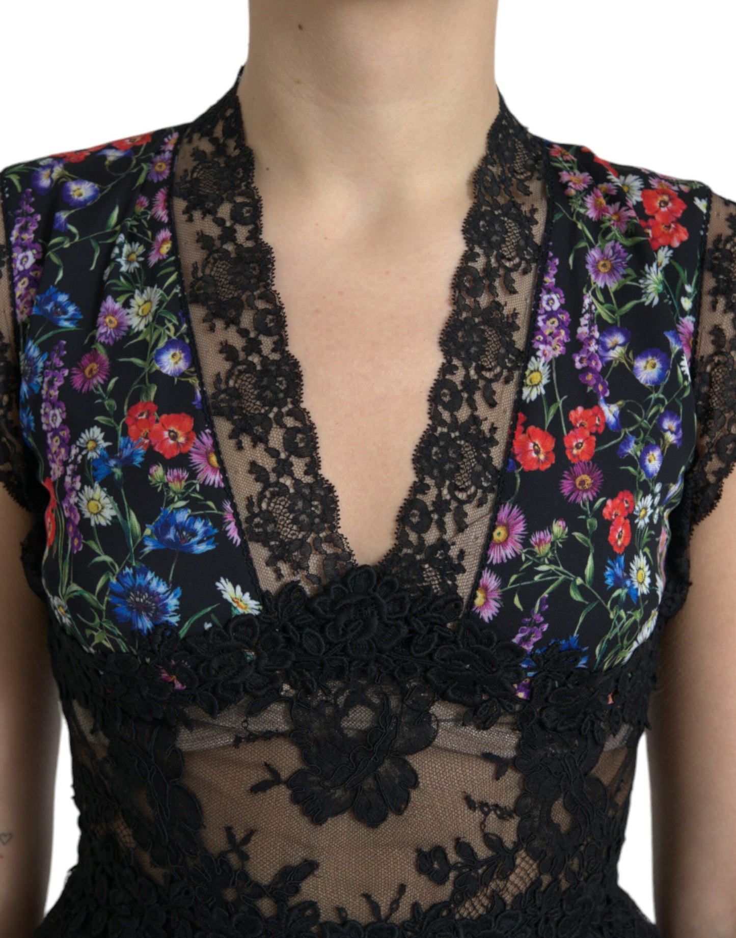 Dolce & Gabbana Floral Print Lace Trim Sheath Dress