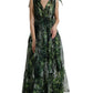 Dolce & Gabbana Elegant Green Silk Maxi Dress with Flocked Leaf Detail