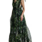 Dolce & Gabbana Elegant Green Silk Maxi Dress with Flocked Leaf Detail