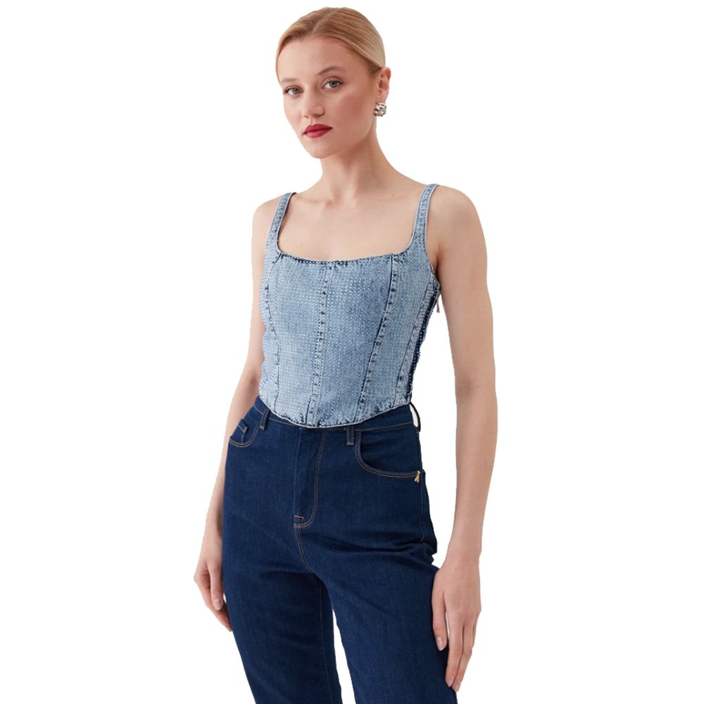 Patrizia Pepe Chic Rhinestone Studded Denim Top