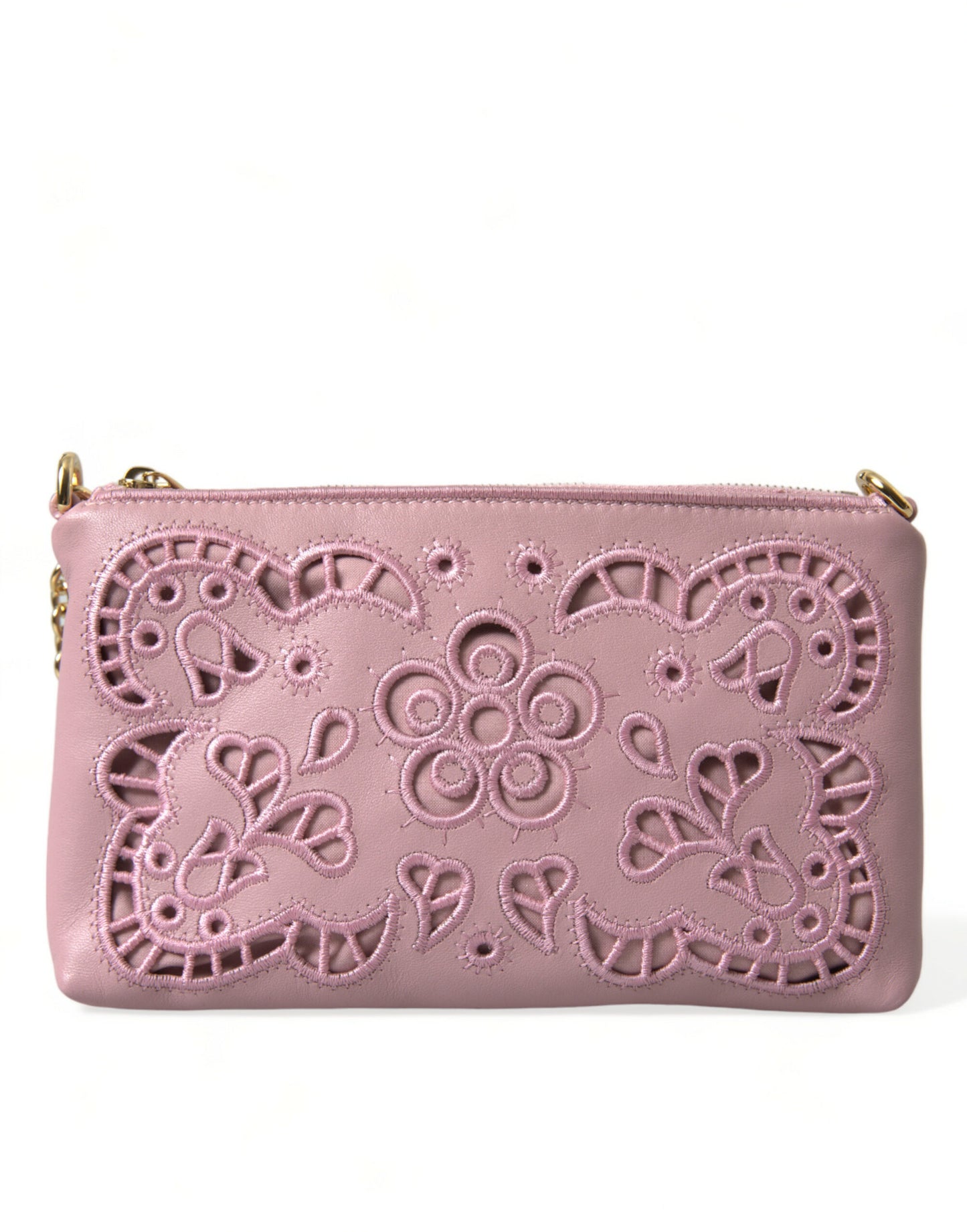 Dolce & Gabbana Elegant Pink Leather Pouch Clutch with Floral Embroidery