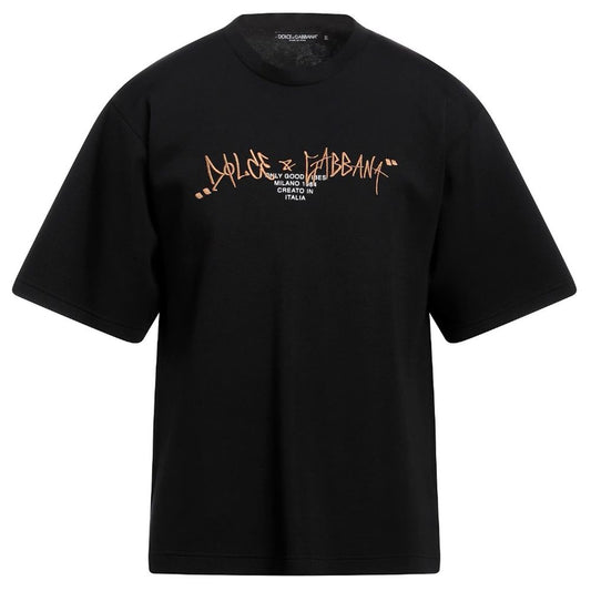 Dolce & Gabbana Gold Embroidered Logo Black Cotton Tee