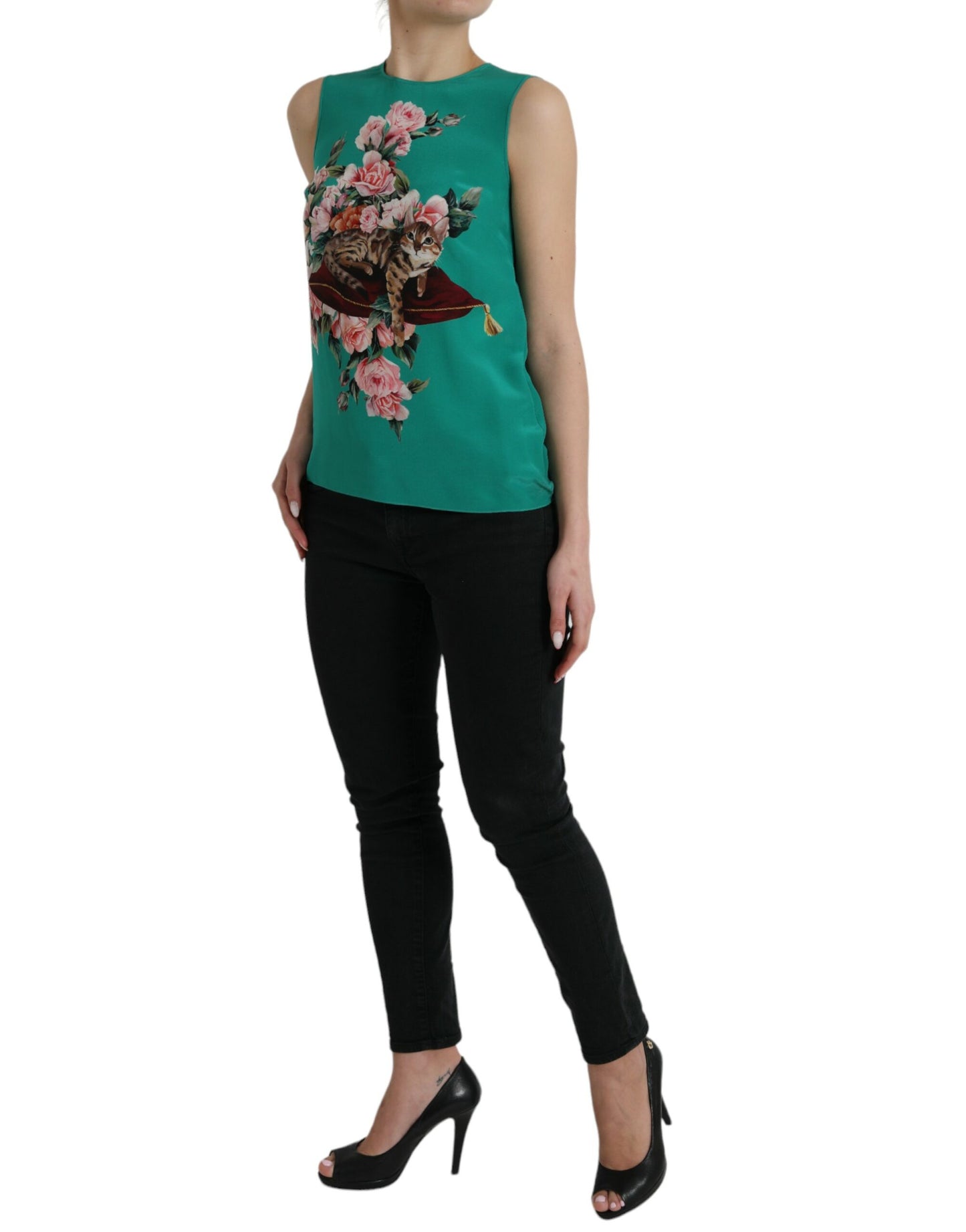 Dolce & Gabbana Elegant Silk Sleeveless Floral Cat Tank Top