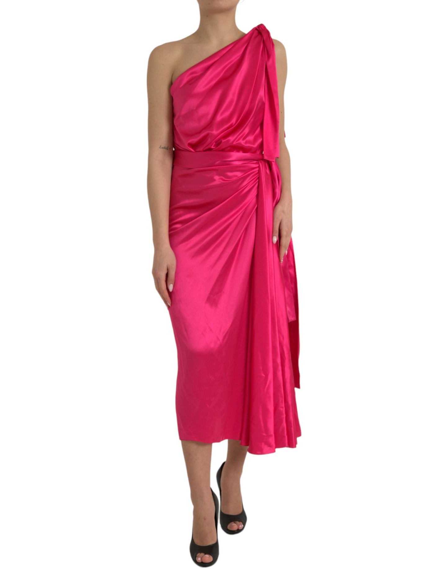 Dolce & Gabbana Elegant Fuchsia Silk One-Shoulder Wrap Dress