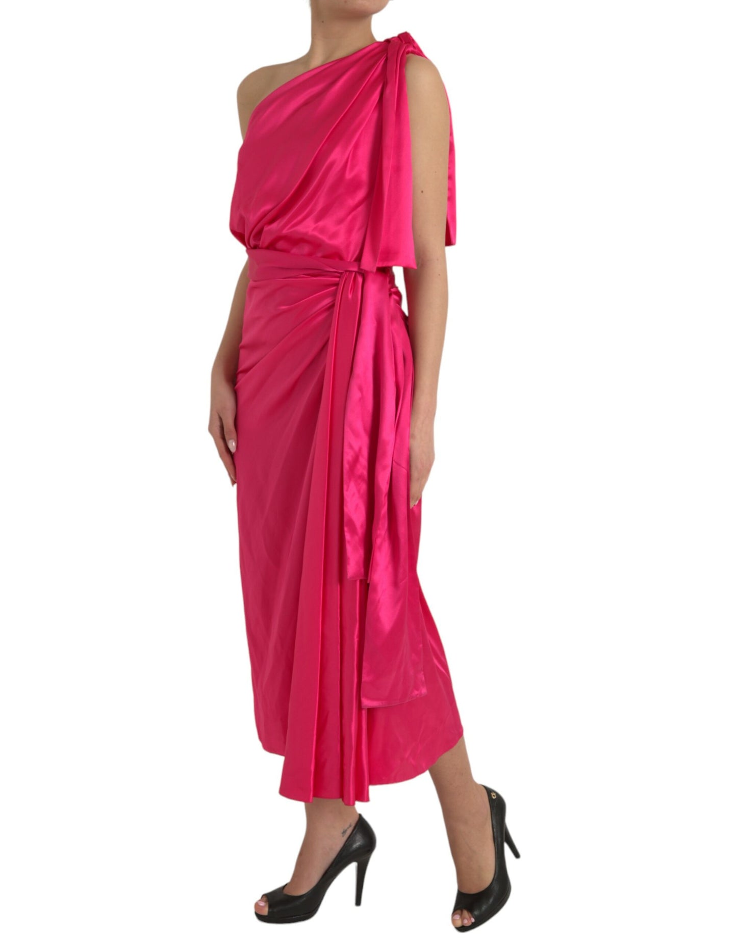 Dolce & Gabbana Elegant Fuchsia Silk One-Shoulder Wrap Dress