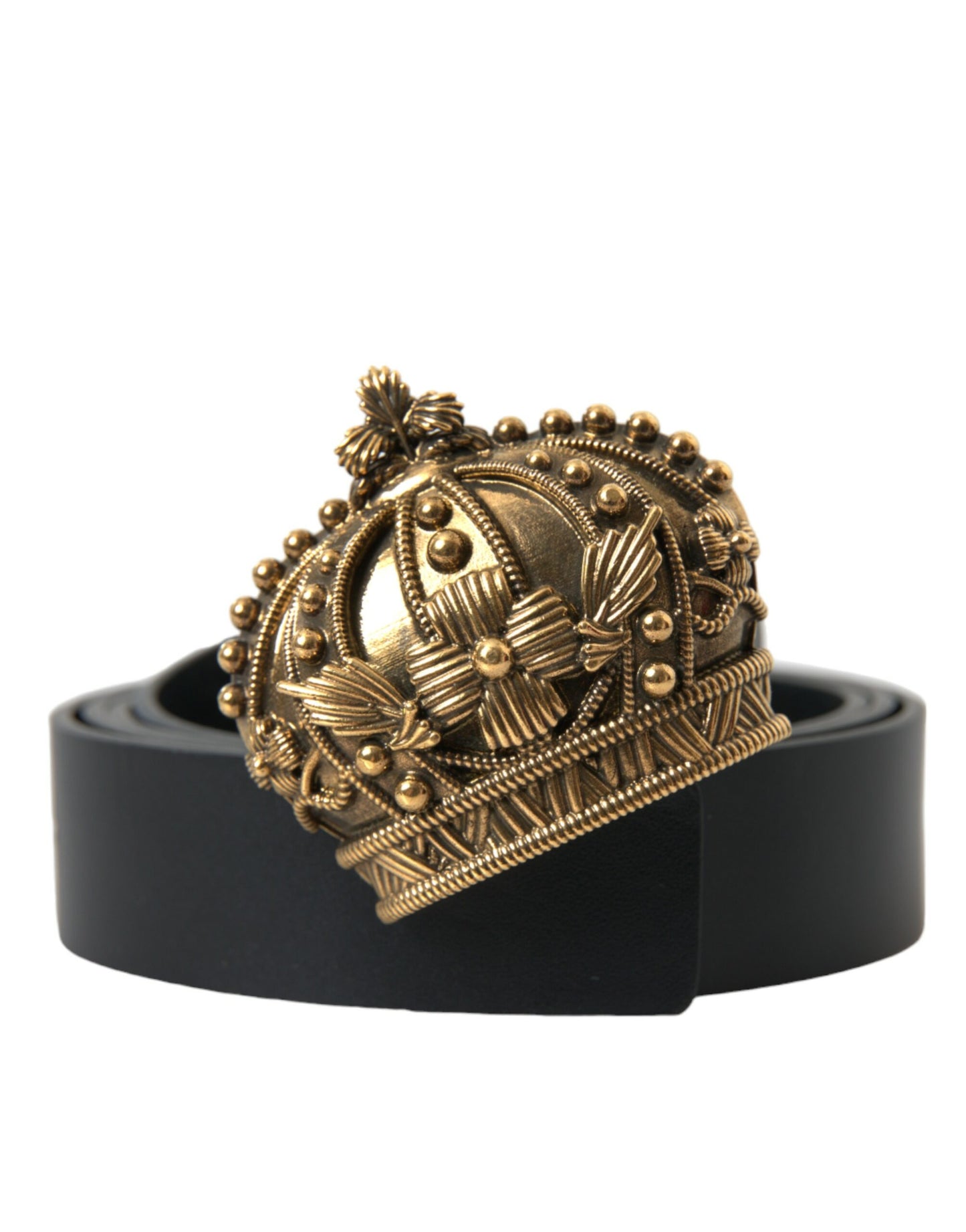 Dolce & Gabbana Black Leather Gold Crown Metal Buckle Belt