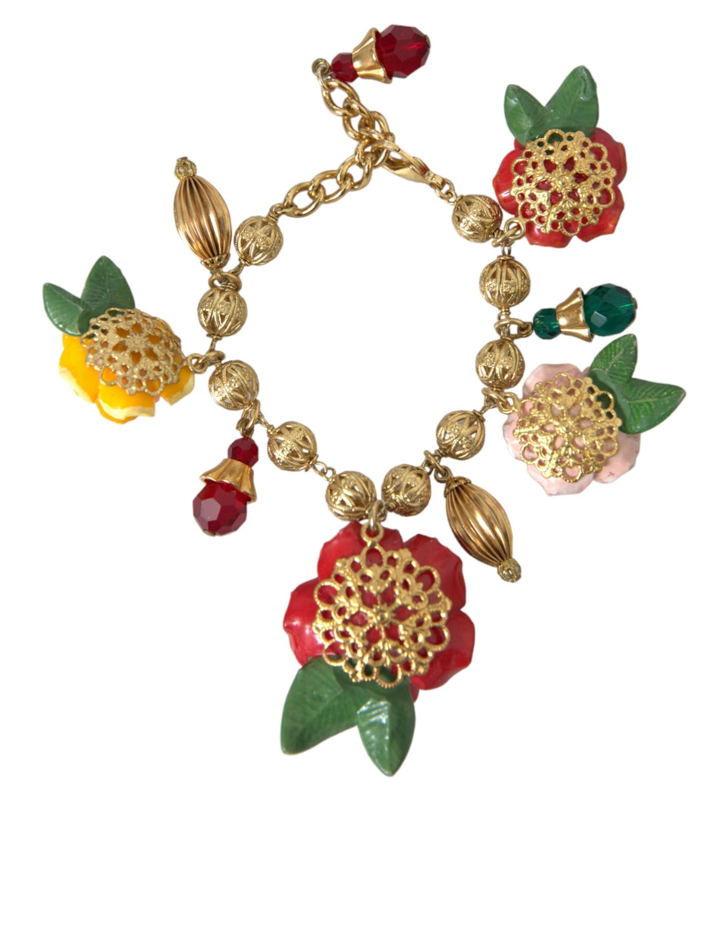 Dolce & Gabbana Gold Brass Multicolor Crystal Rose Ball Chain Bracelet