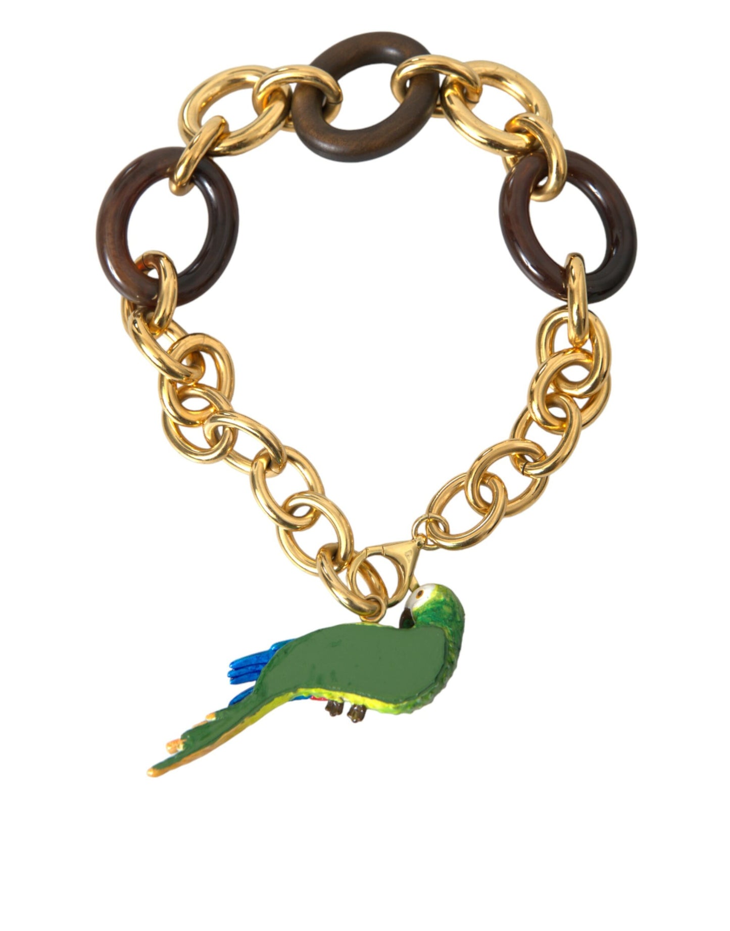 Dolce & Gabbana Gold Brass Chain Crystal Pearl PARROT Pendant Necklace