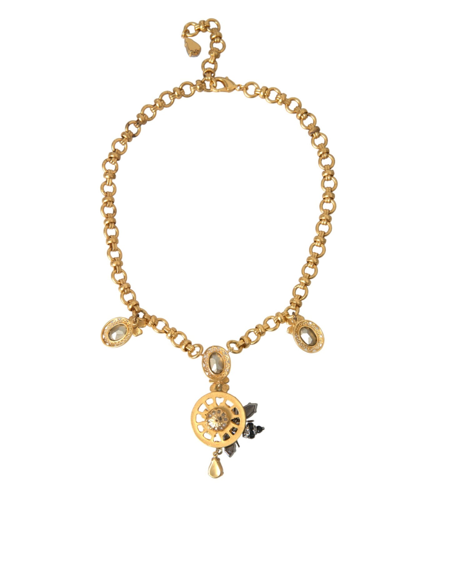 Dolce & Gabbana Gold Brass Chain Crystal Bee Pendant Charm Necklace