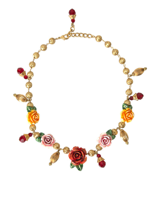 Dolce & Gabbana Multicolor Roses Crystals Gold Ball Chain Necklace