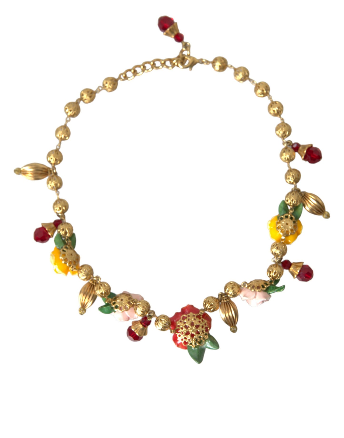 Dolce & Gabbana Multicolor Roses Crystals Gold Ball Chain Necklace