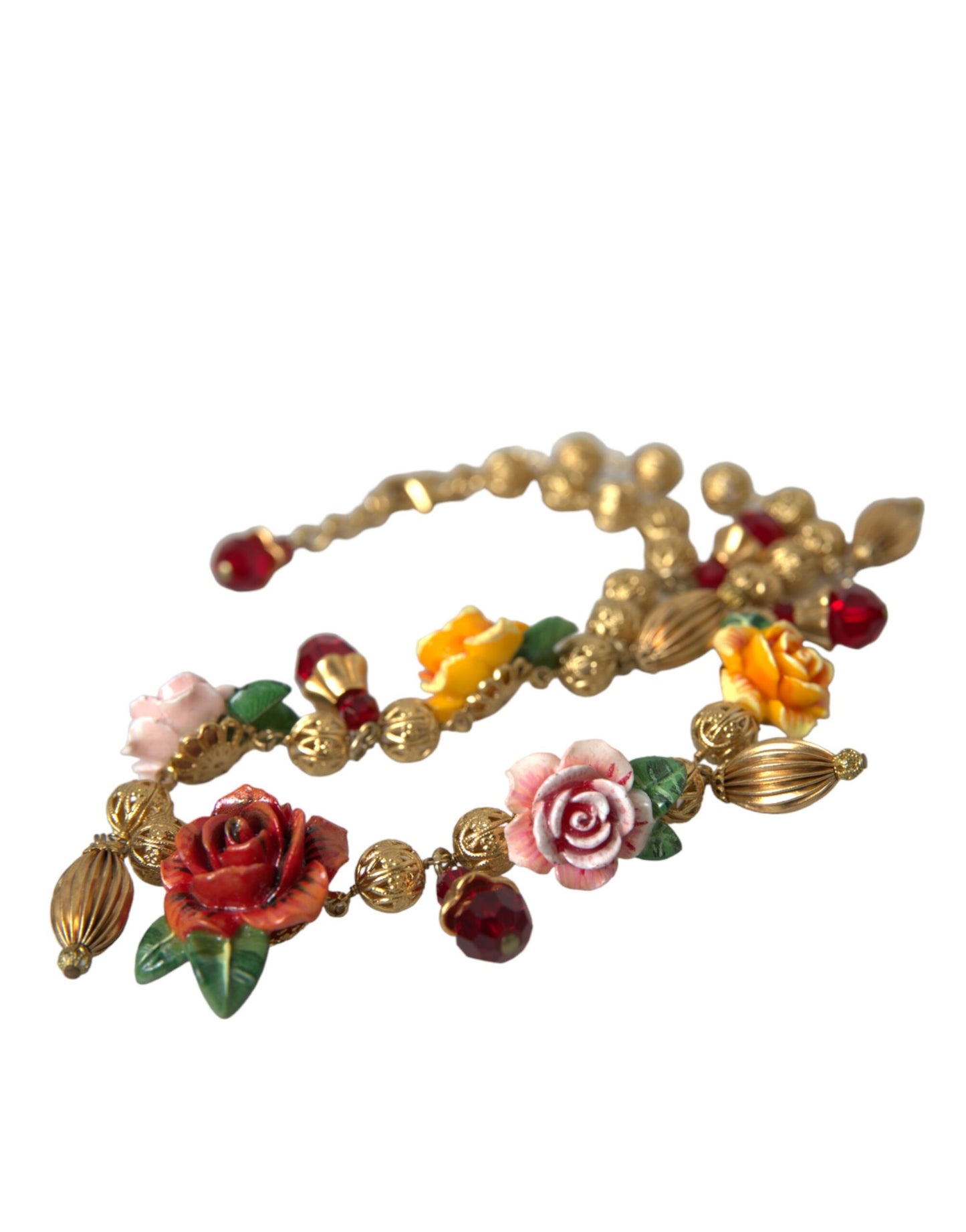 Dolce & Gabbana Multicolor Roses Crystals Gold Ball Chain Necklace