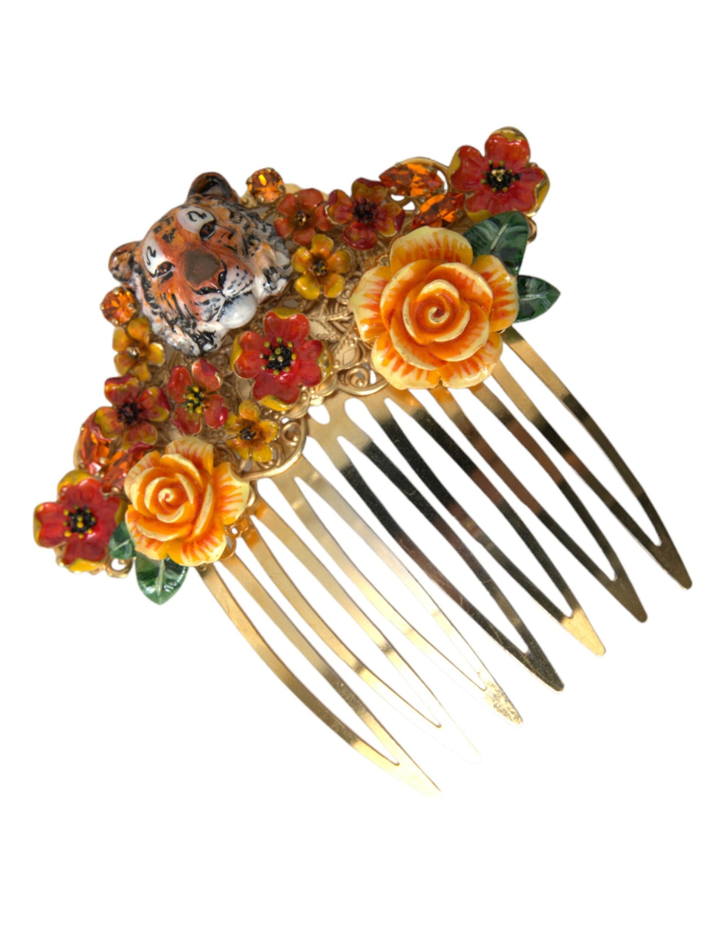 Dolce & Gabbana Gold Brass Crystal Leopard Floral Hair Comb