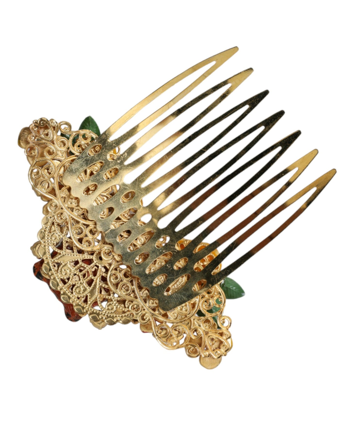 Dolce & Gabbana Gold Brass Crystal Leopard Floral Hair Comb