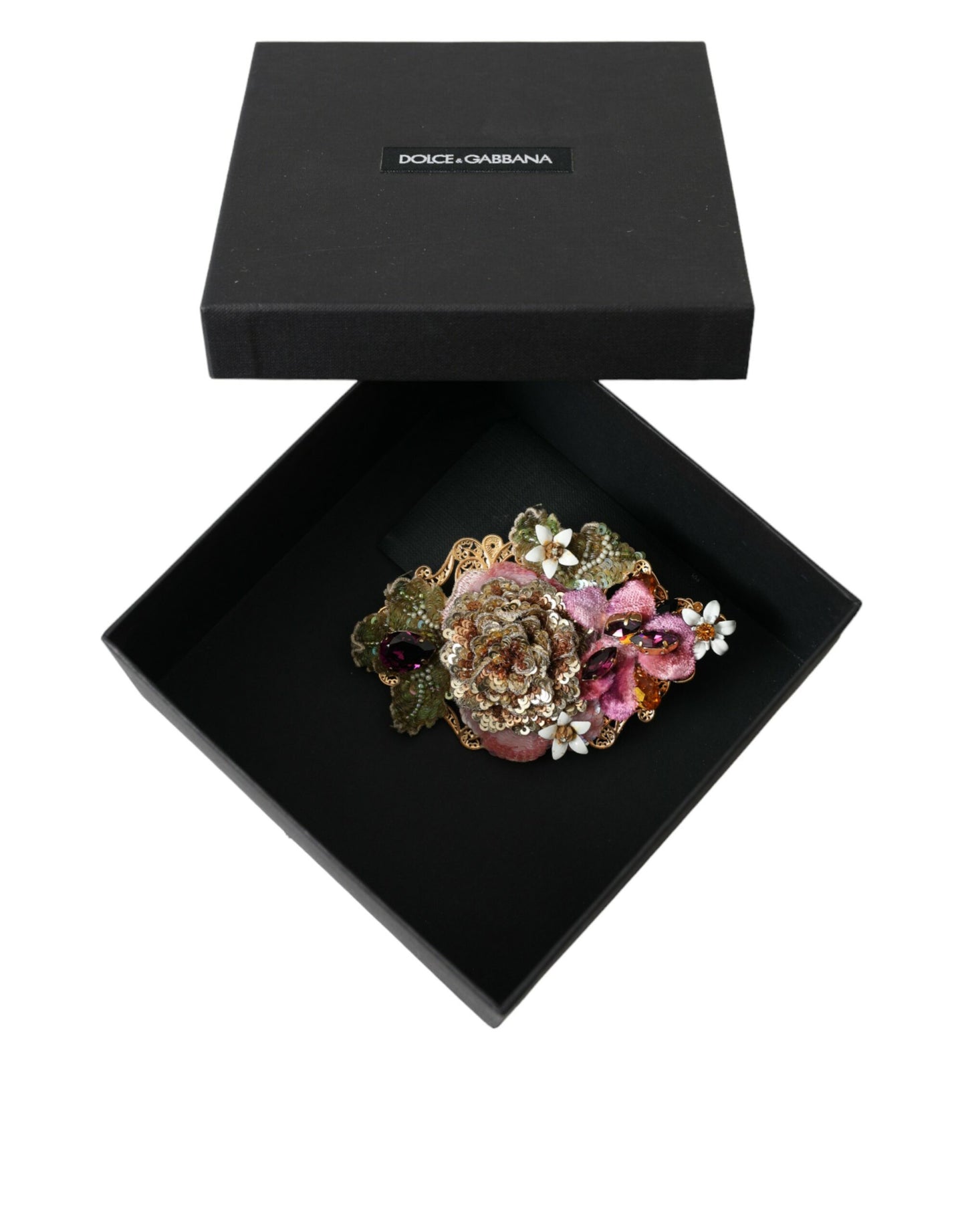 Dolce & Gabbana Gold Brass Floral Crystal Sequined Hair Clip