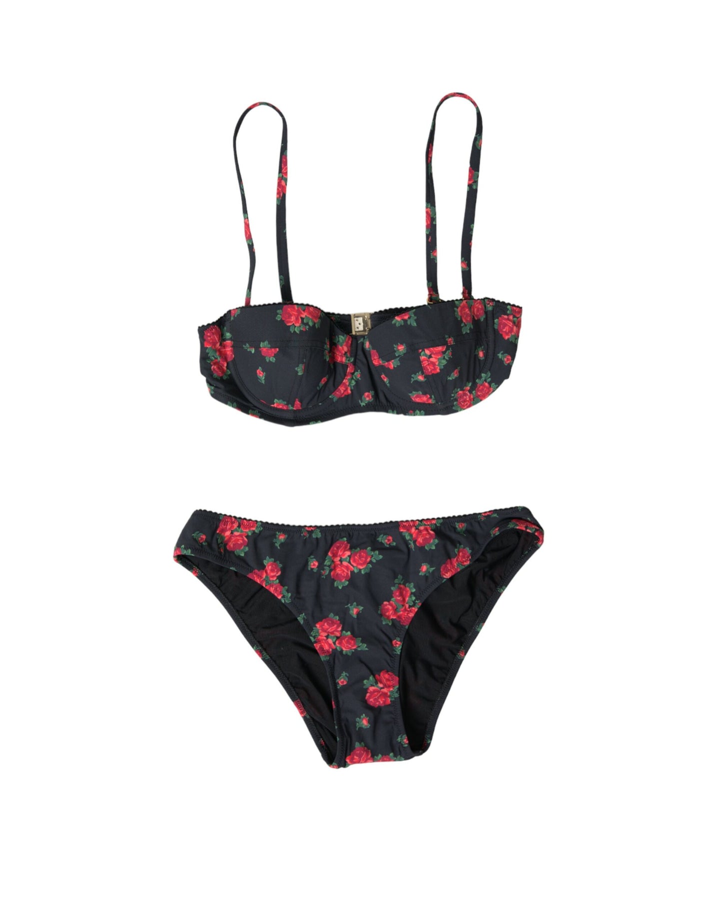 Dolce & Gabbana Black Red Roses Two Piece Swimwear Bikini