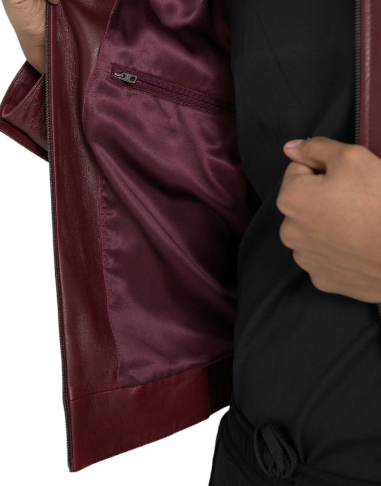 Dolce & Gabbana Maroon Exotic Leather Zip Biker Coat Jacket