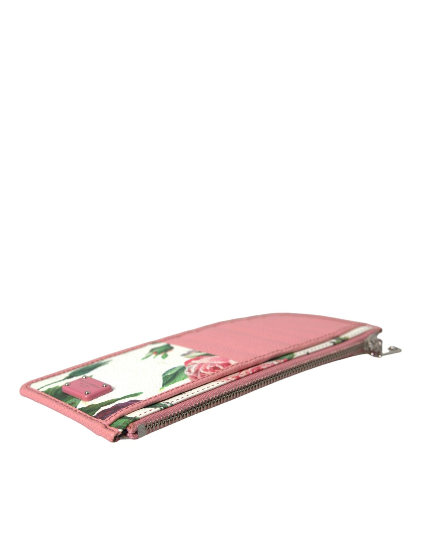 Dolce & Gabbana Pink Floral Leather DG Logo Zip Card Holder Women Wallet