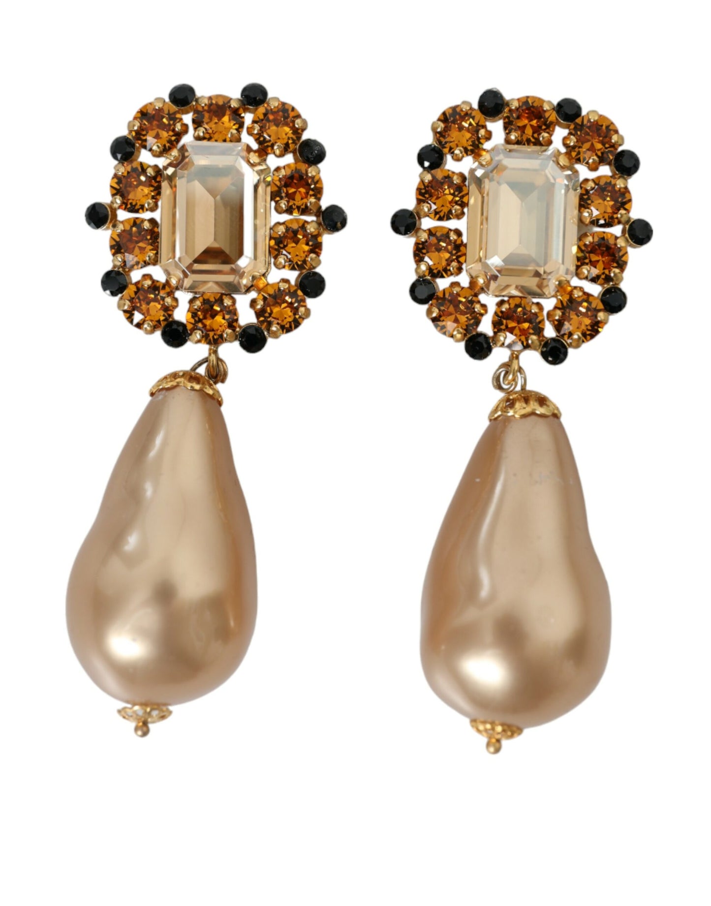 Dolce & Gabbana Gold Brass Crystal Faux Pearl Clip On Dangling Earrings