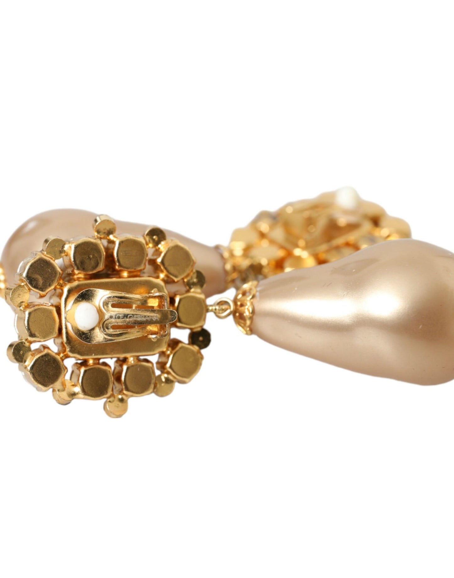 Dolce & Gabbana Gold Brass Crystal Faux Pearl Clip On Dangling Earrings