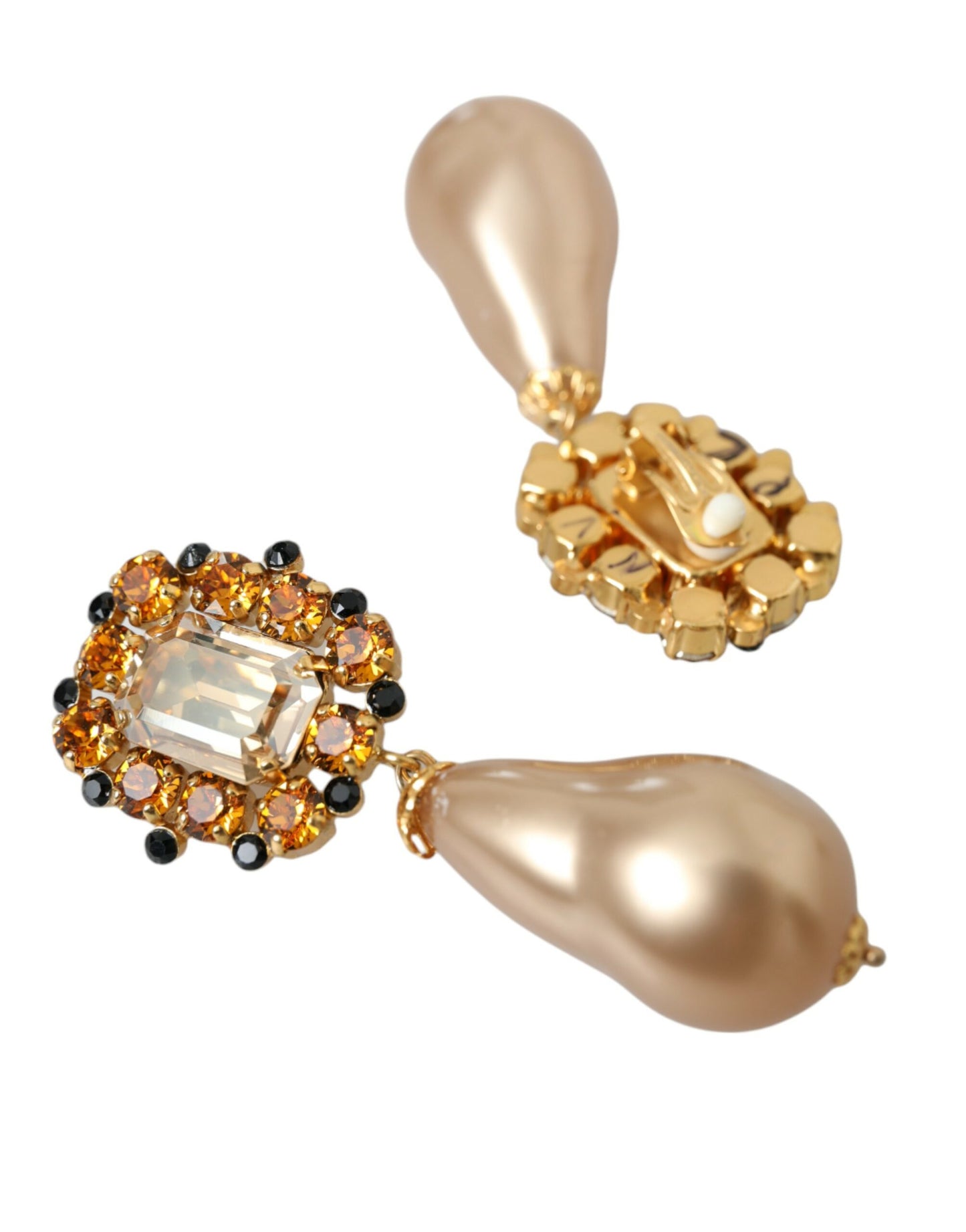 Dolce & Gabbana Gold Brass Crystal Faux Pearl Clip On Dangling Earrings