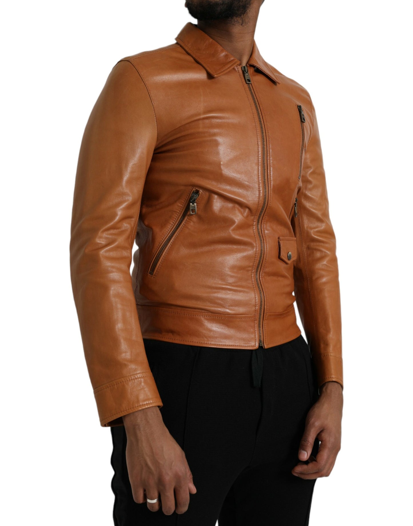 Dolce & Gabbana Brown Lamb Leather Full Zip Blouson Jacket