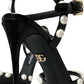 Dolce & Gabbana Black Embellished Leather Sandals Heels Shoes