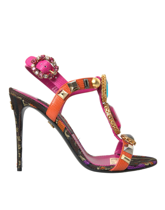 Dolce & Gabbana Pink Jacquard Crystals Sandals Heels Shoes