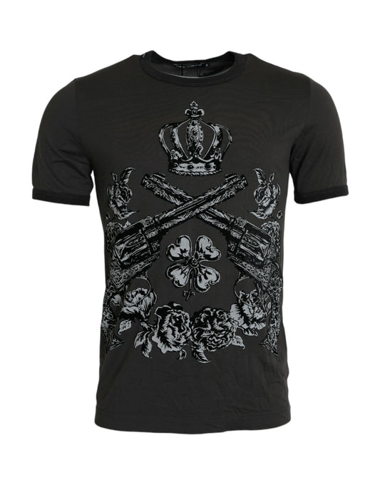 Dolce & Gabbana Gray Crown Floral Cotton Crew Neck T-shirt