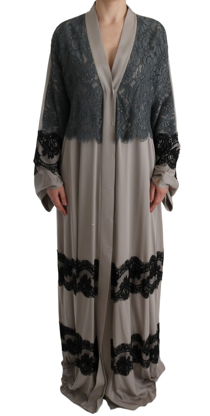 Dolce & Gabbana Elegant Gray Cape Kaftan Dress with Lace Detail