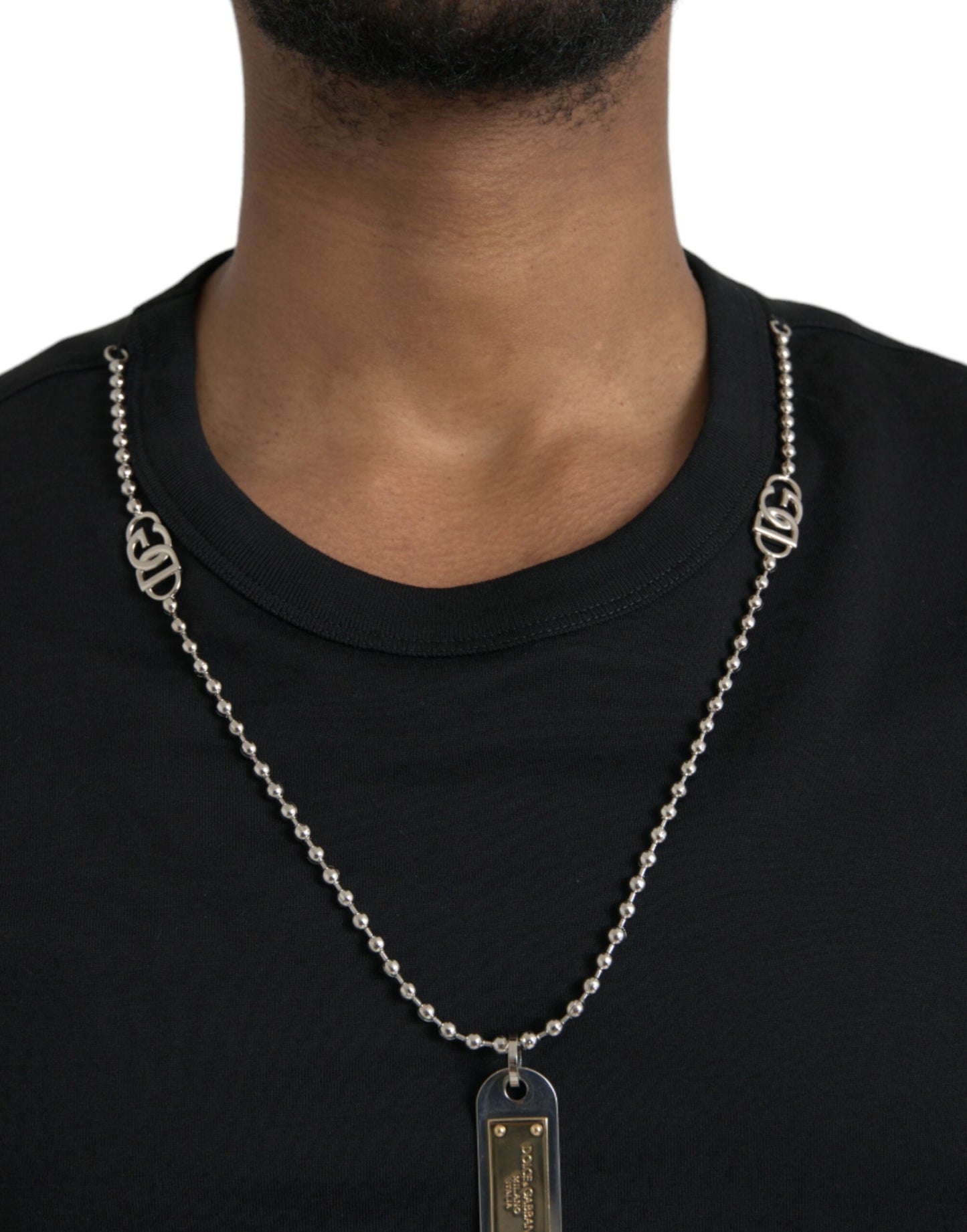 Dolce & Gabbana Black Cotton Silver Chain Short Sleeve T-shirt