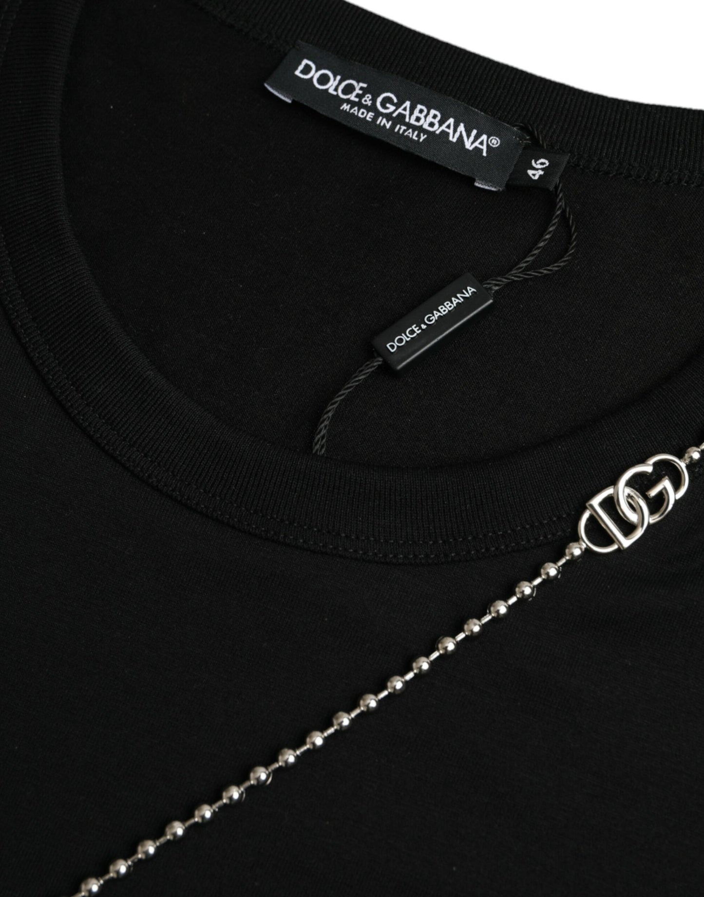 Dolce & Gabbana Black Cotton Silver Chain Short Sleeve T-shirt