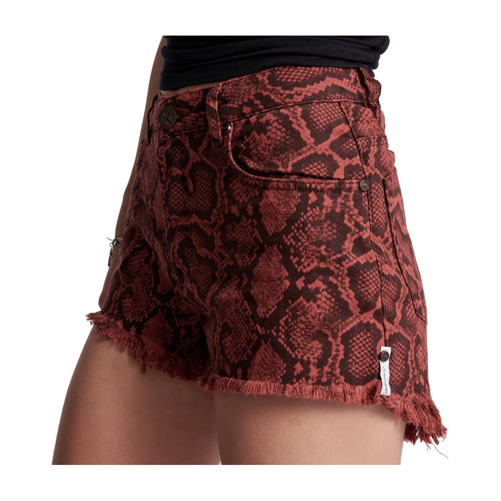 One Teaspoon Python Print Cotton Shorts with Frayed Hem