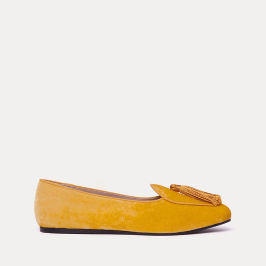 Charles Philip Elegant Velvet Yellow Flats with Tassel Detail