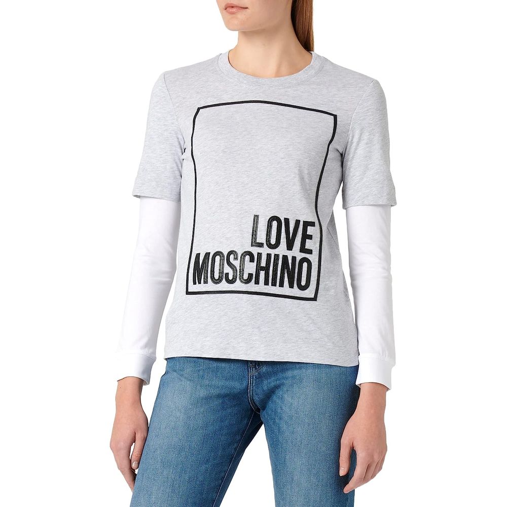 Love Moschino Chic Gray Long-Sleeved Cotton Tee with Logo