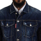 Dsquared² Blue Denim Black Sleeves Men Jacket Cotton Bomber