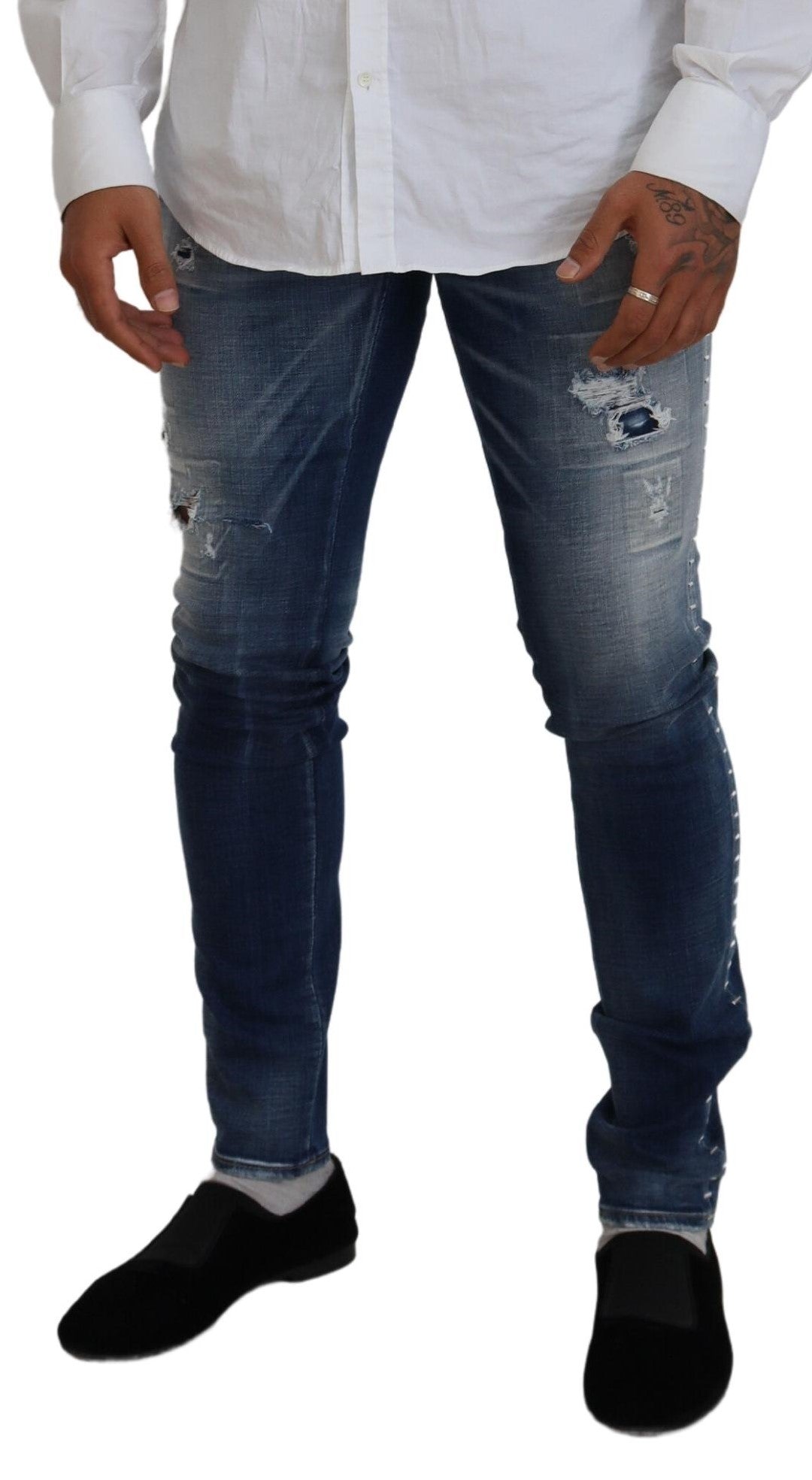 Dsquared² Blue Washed Cotton Tattered Skinny Denim Jeans