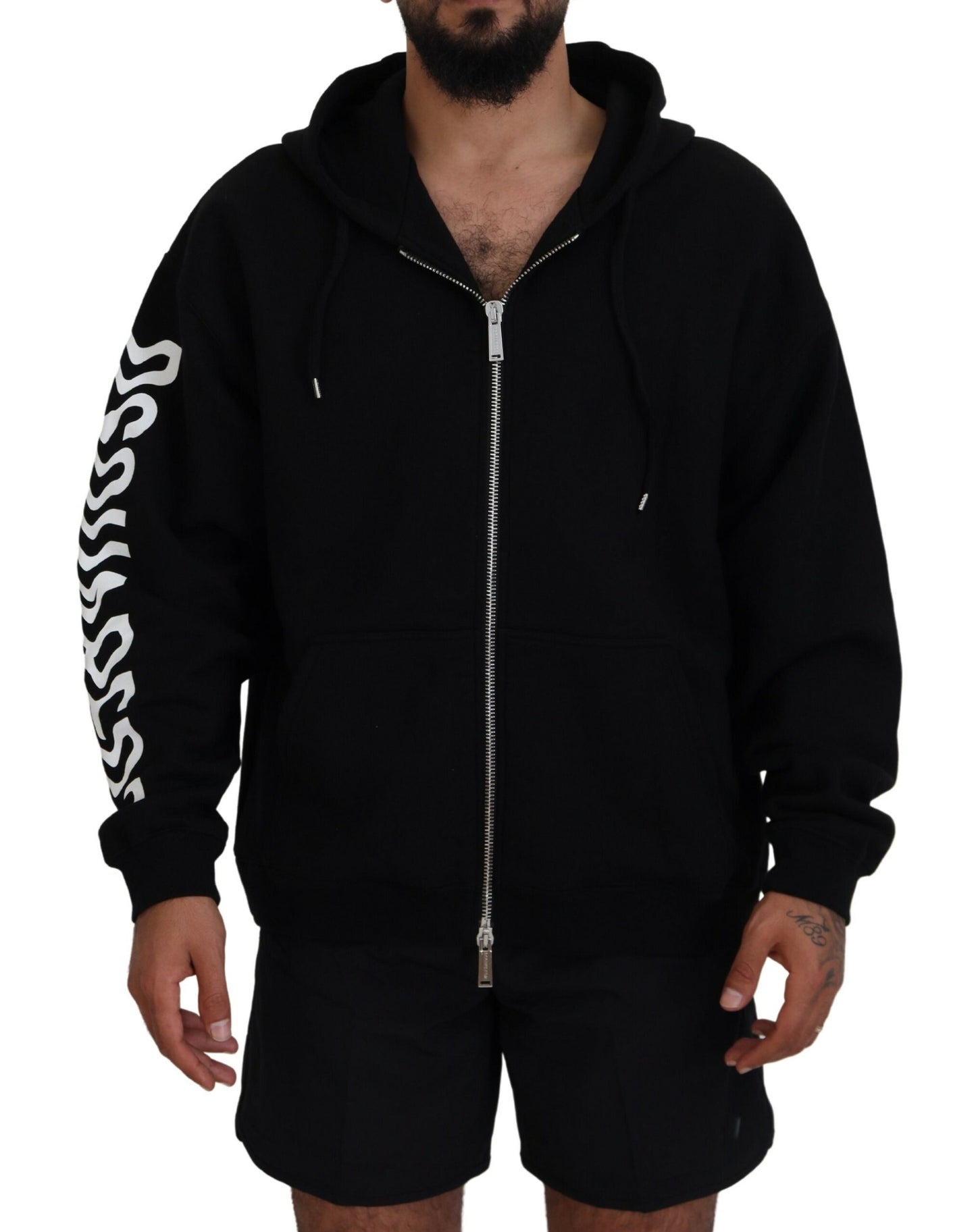 Dsquared² Black Hooded Full Zip Printed Sleeves Sweater