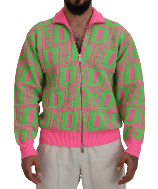 Dsquared² Pink Green Collared Long Sleeves Full Zip Sweater