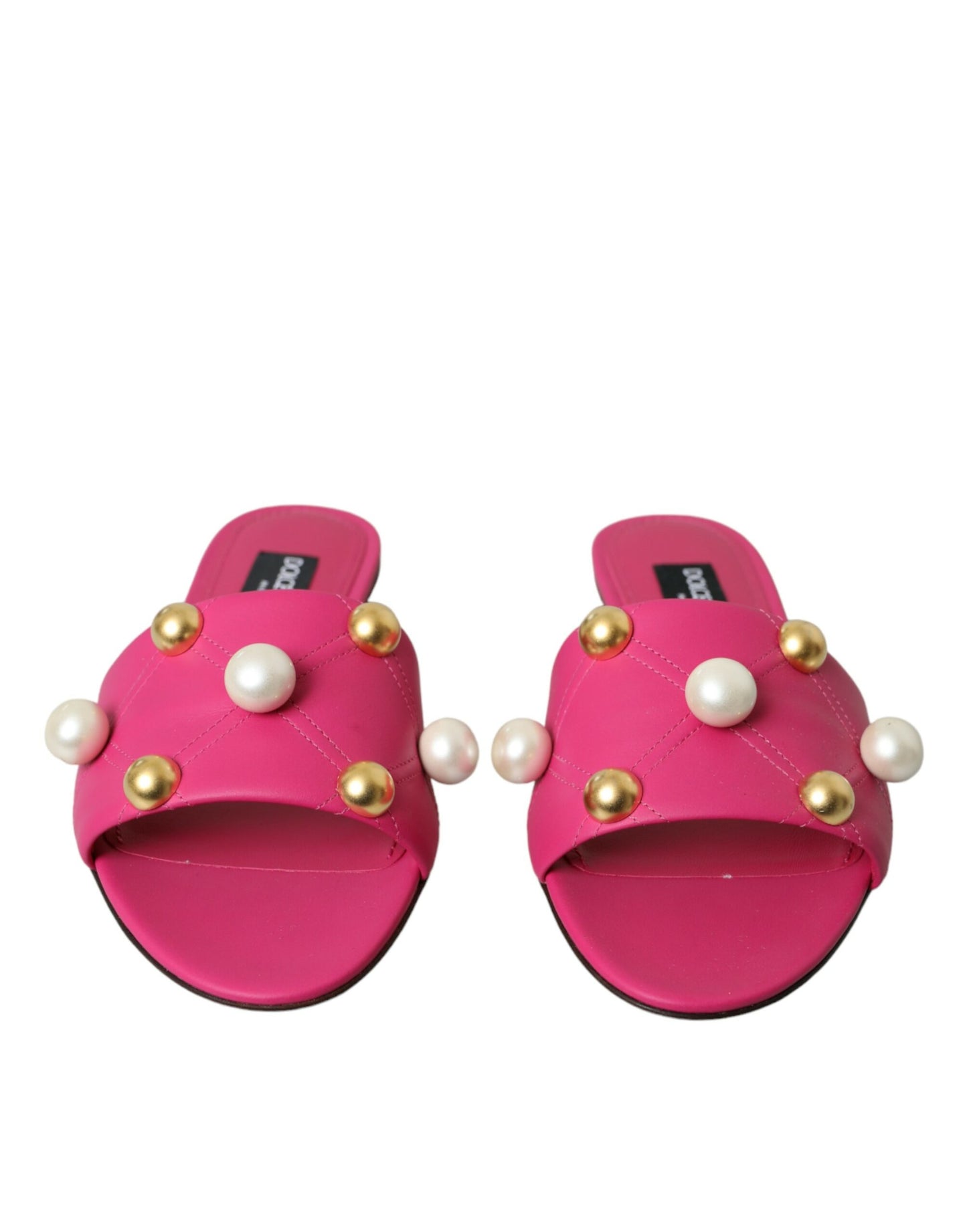 Dolce & Gabbana Pink Embellished Leather Flats Sandals Shoes