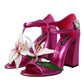 Dolce & Gabbana Pink Leather Crystals Floral Sandals Shoes