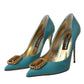 Dolce & Gabbana Blue Gold Leather Crystals Heels Pumps Shoes